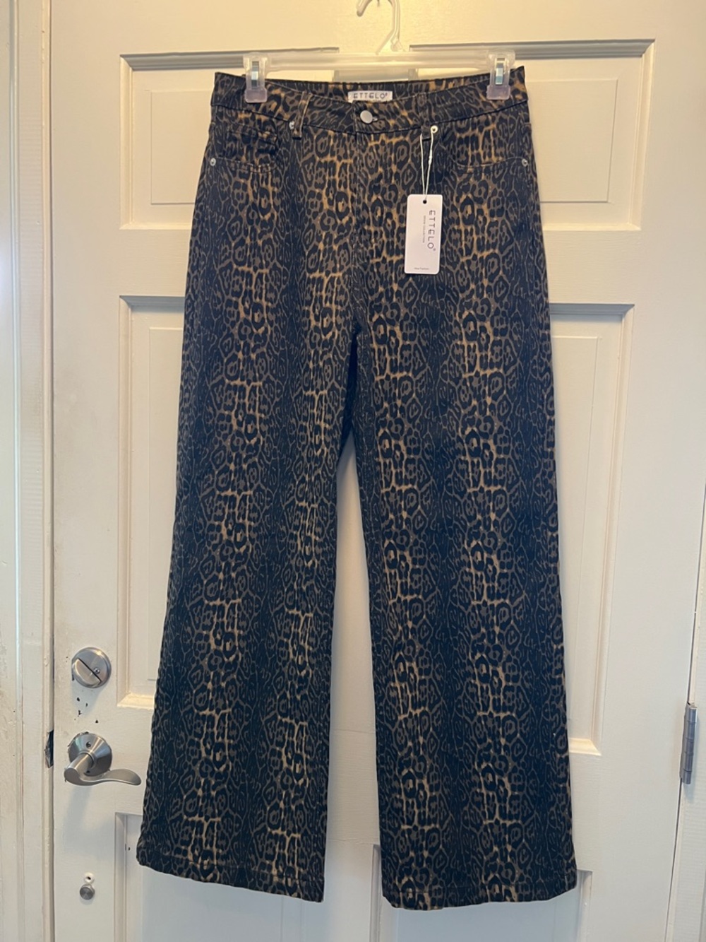 High-Rise Wide-Leg Jeans in Black/Brown Leopard New with Tags Sz 12